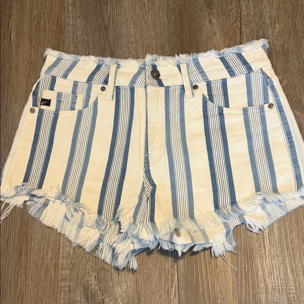 KanCan Blue and White Striped Frayed Hem Jean Shorts